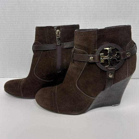 Tory Burch - Brown Suede "Aaden" Wedge Ankle Booties W/ Logo size 5.5 - Picture 5 of 11